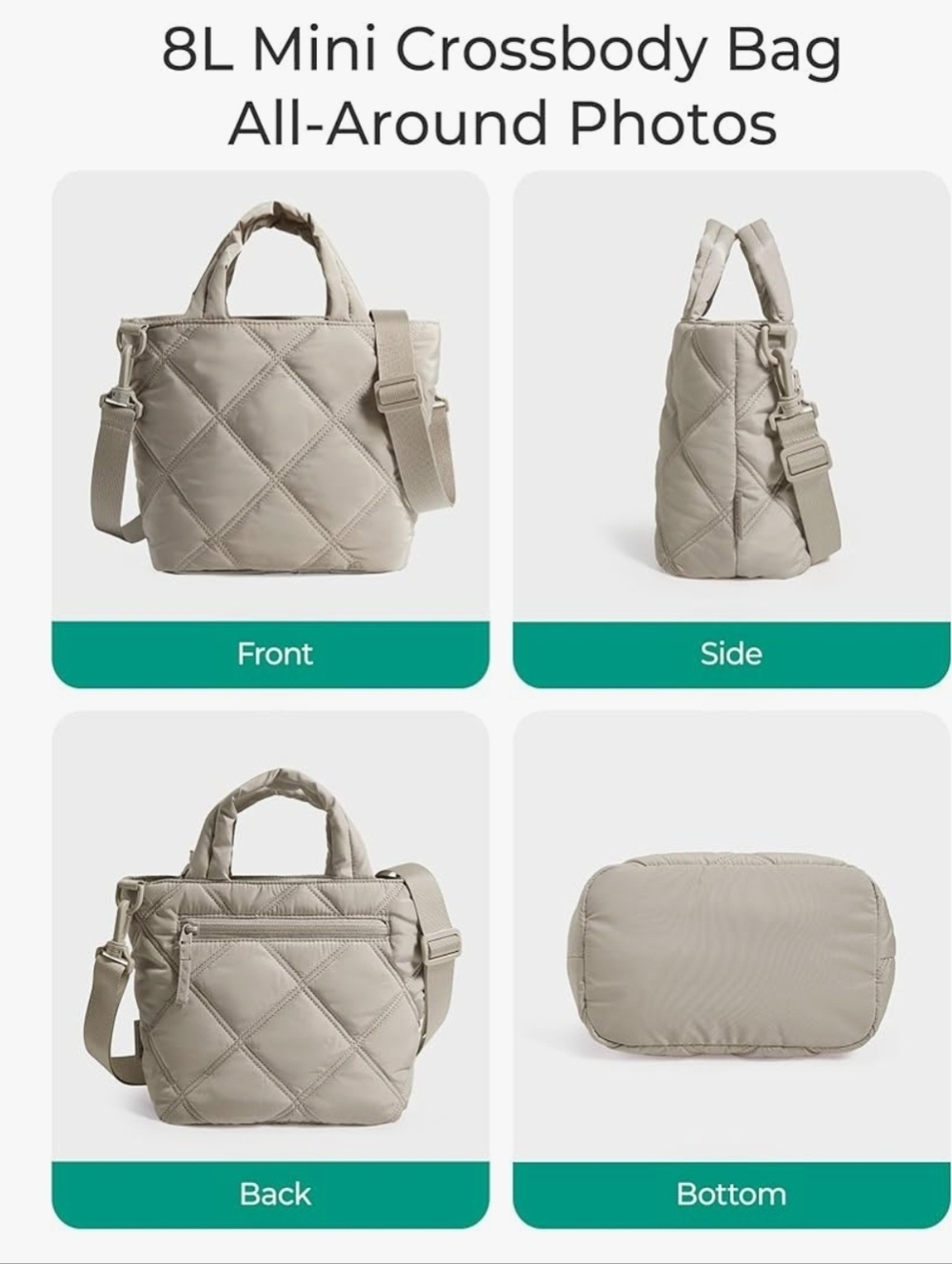 Quilted Taupe Crossbody Bag with Adjustable Strap - Picture 12 of 13